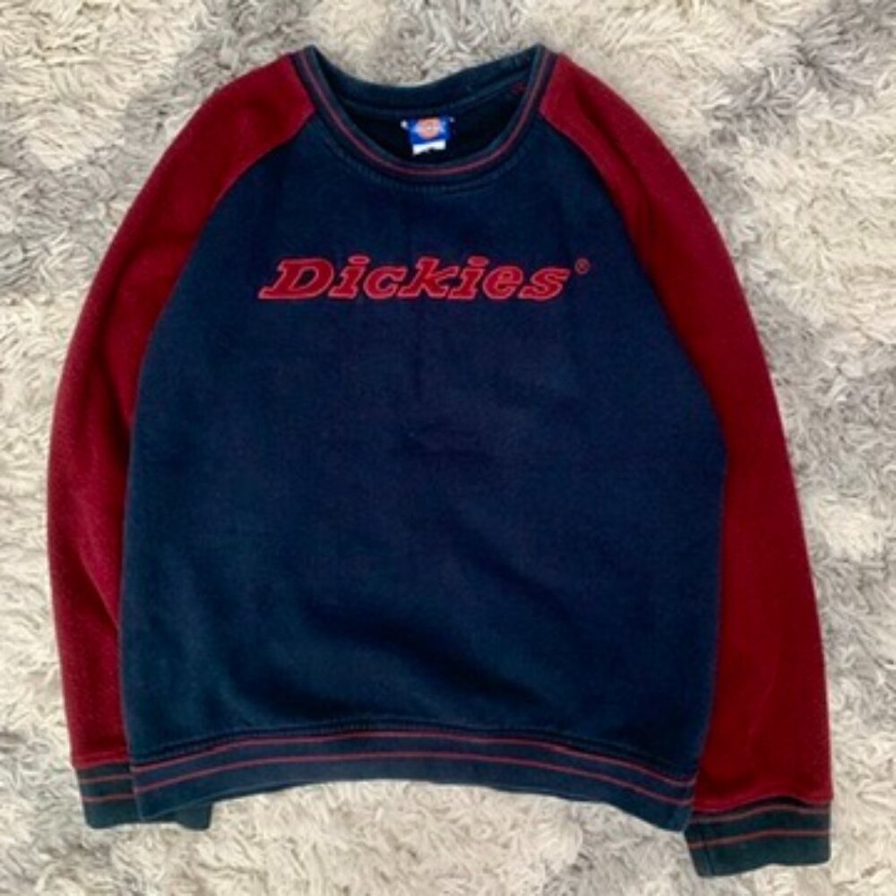 Vintage Dickies Fleece Sweater Men’s Medium Spell Out Embroidered Blue Red 90s